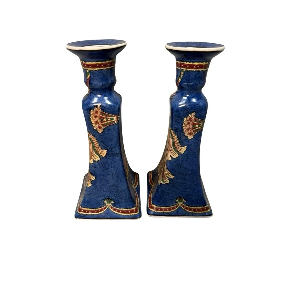 VTG Blue Cloisonne Porcelain Candlestick Holders Pair Chinese 8